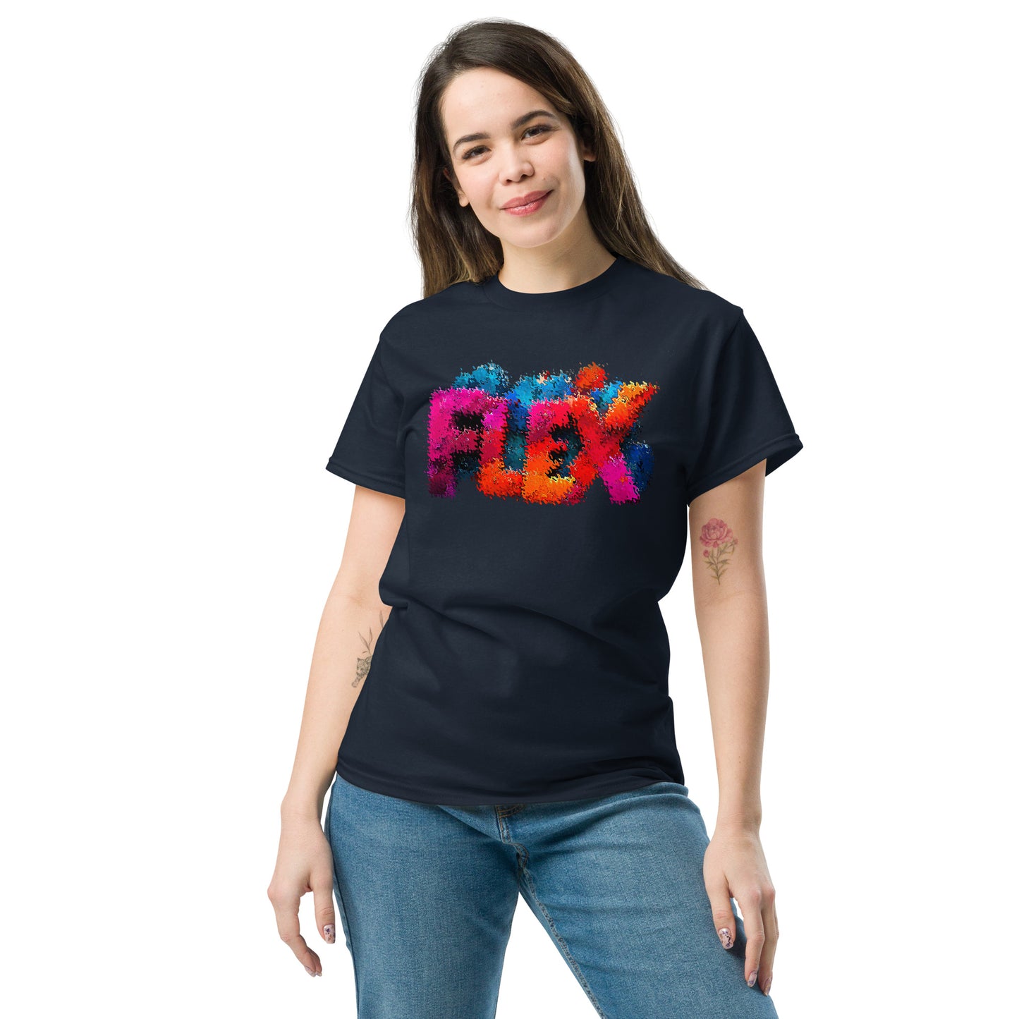 Female model: Woman in navy FLEX glitch wave t-shirt with vibrant multicolor design, casual streetwear style.