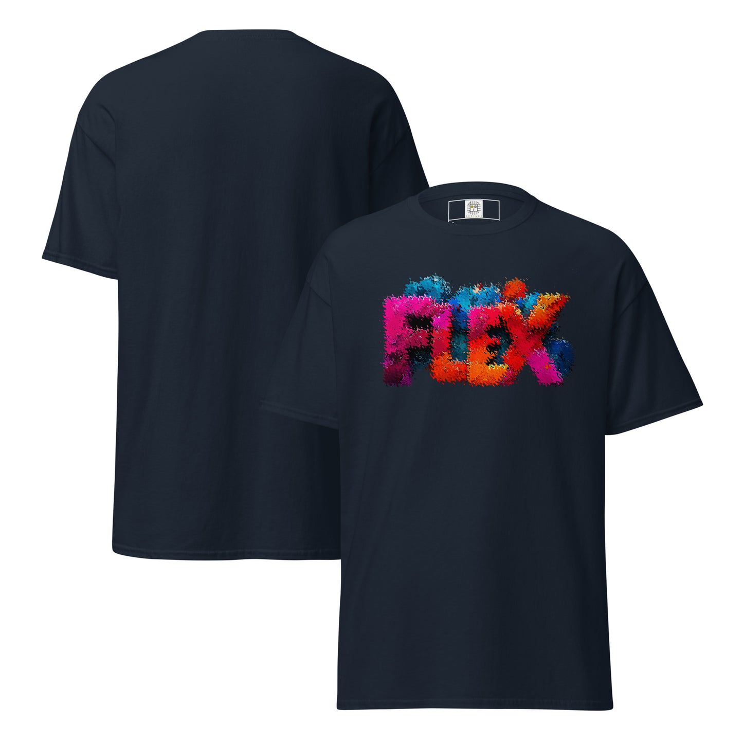 T-shirt front and back (no model): Dark navy t-shirt with colorful FLEX glitch wave design, front and back view.