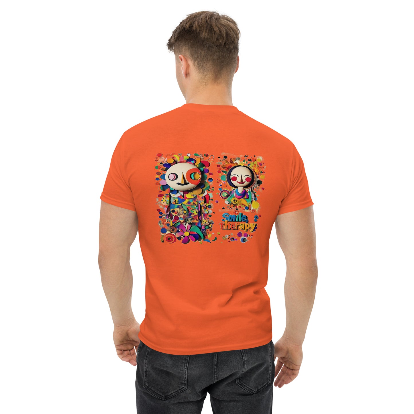 Orange unisex T-shirt – Colorful abstract art design, back view.