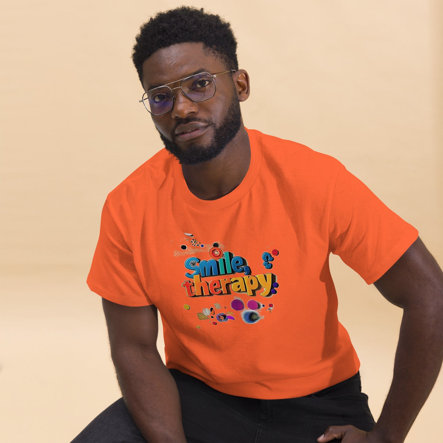 Orange unisex T-shirt – Colorful abstract art design, front view.