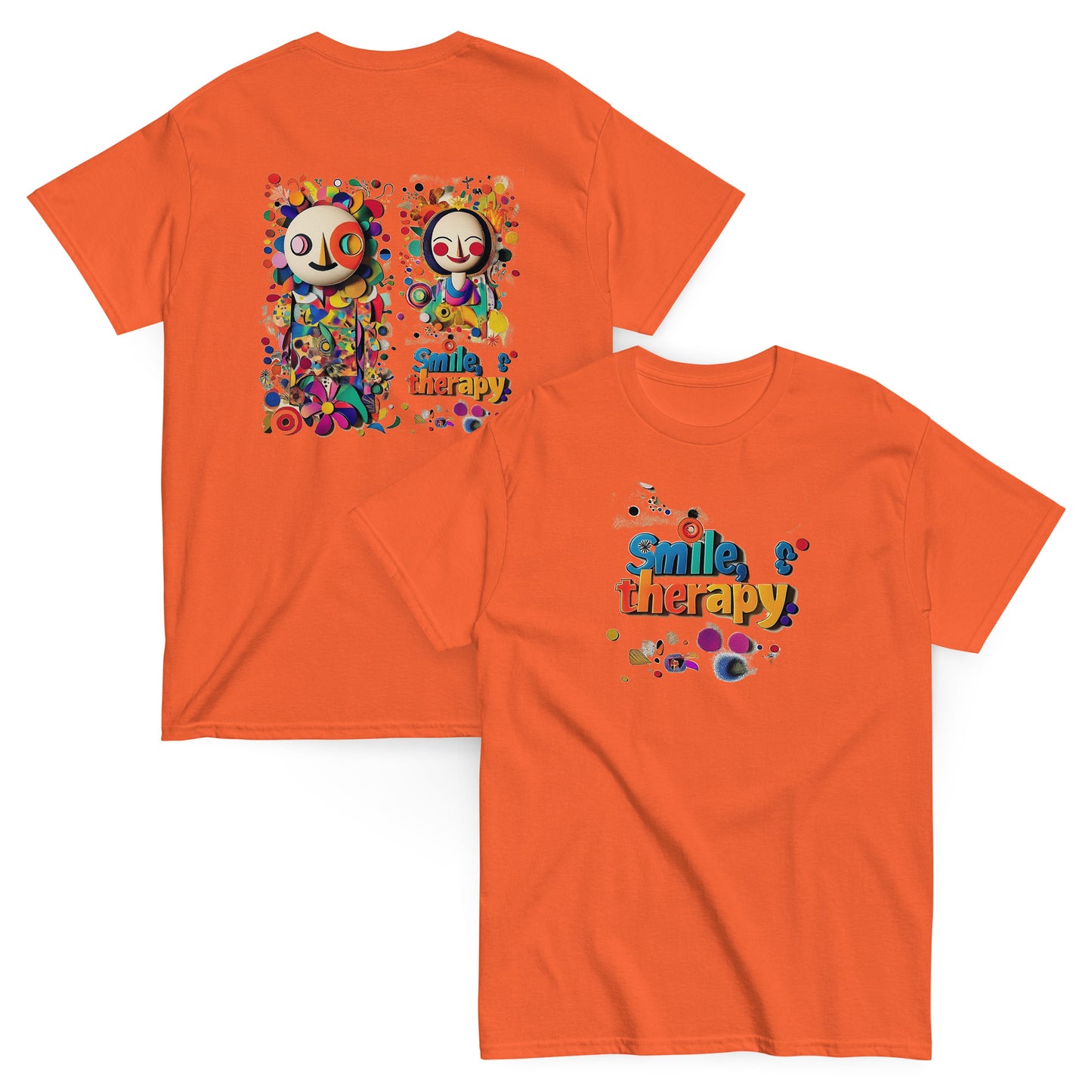 Orange unisex T-shirt – Colorful abstract art design, back view.Orange unisex T-shirt – Colorful abstract art design, front view.