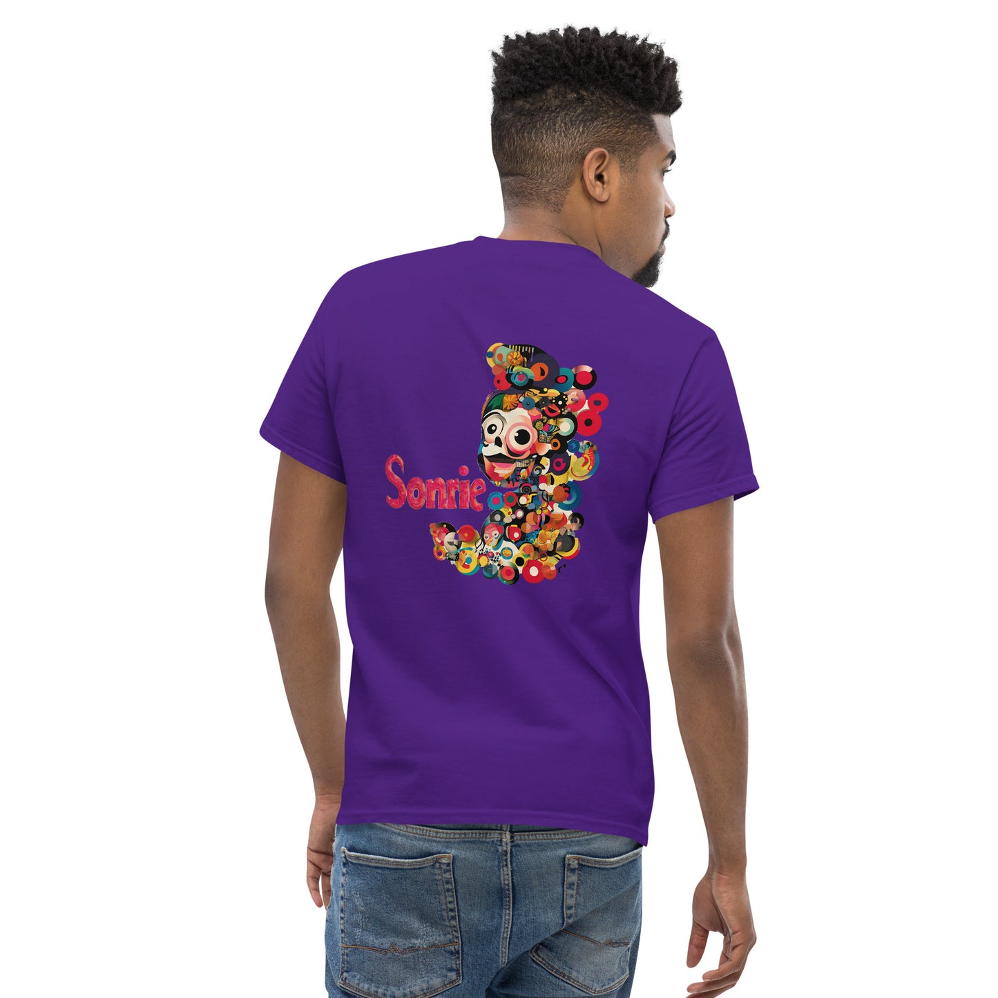 Male model wearing a black T-shirt with a colorful abstract side print
