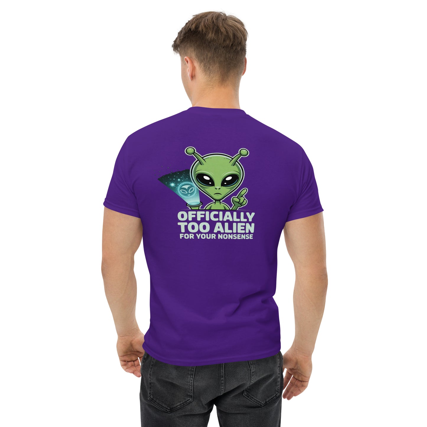 Purple unisex T-shirt — front left chest small alien head graphic