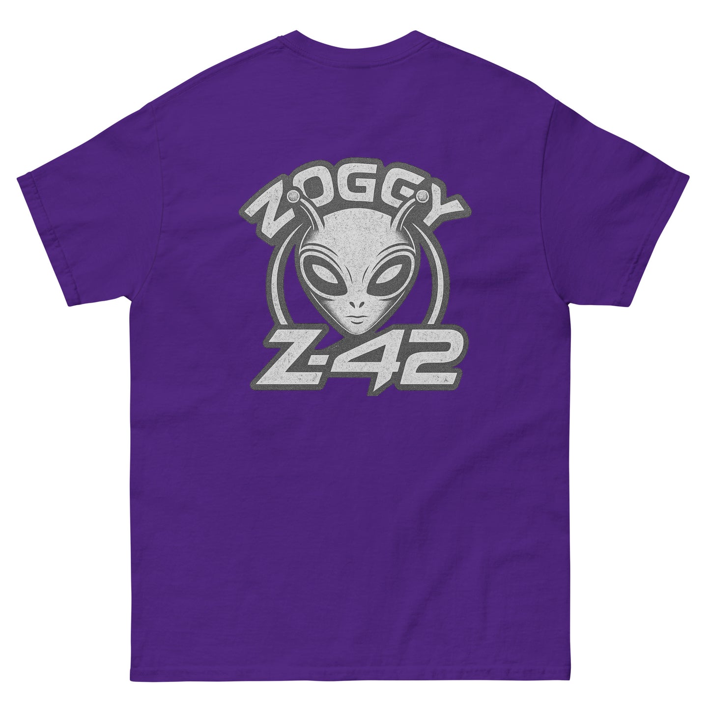 Purple unisex T-shirt — front left chest small grey alien head with text ZOGGY Z-42