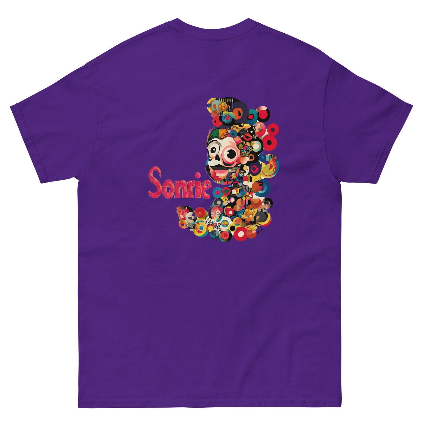 Purple unisex T-shirt with a colorful abstract side print