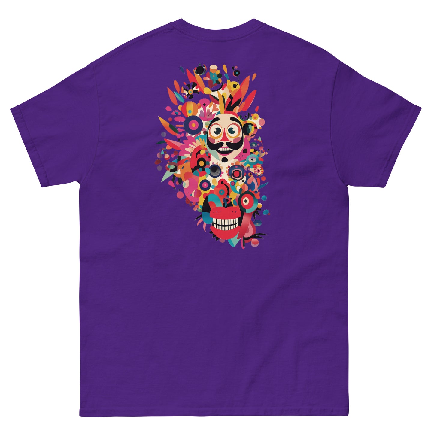 Purple T-shirt featuring a multicolor abstract face design on the front. Eye-catching and artistic