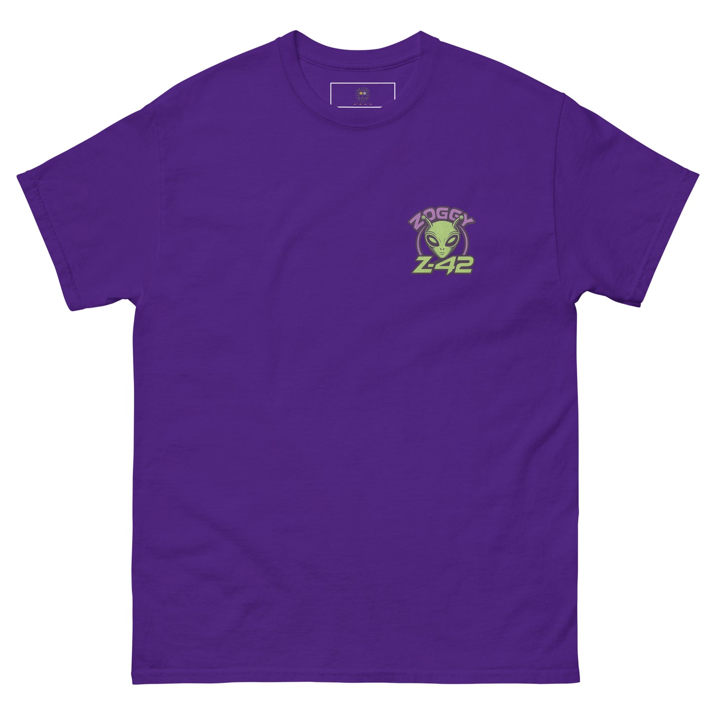 Purple unisex T-shirt — front left chest small alien in spaceship graphic