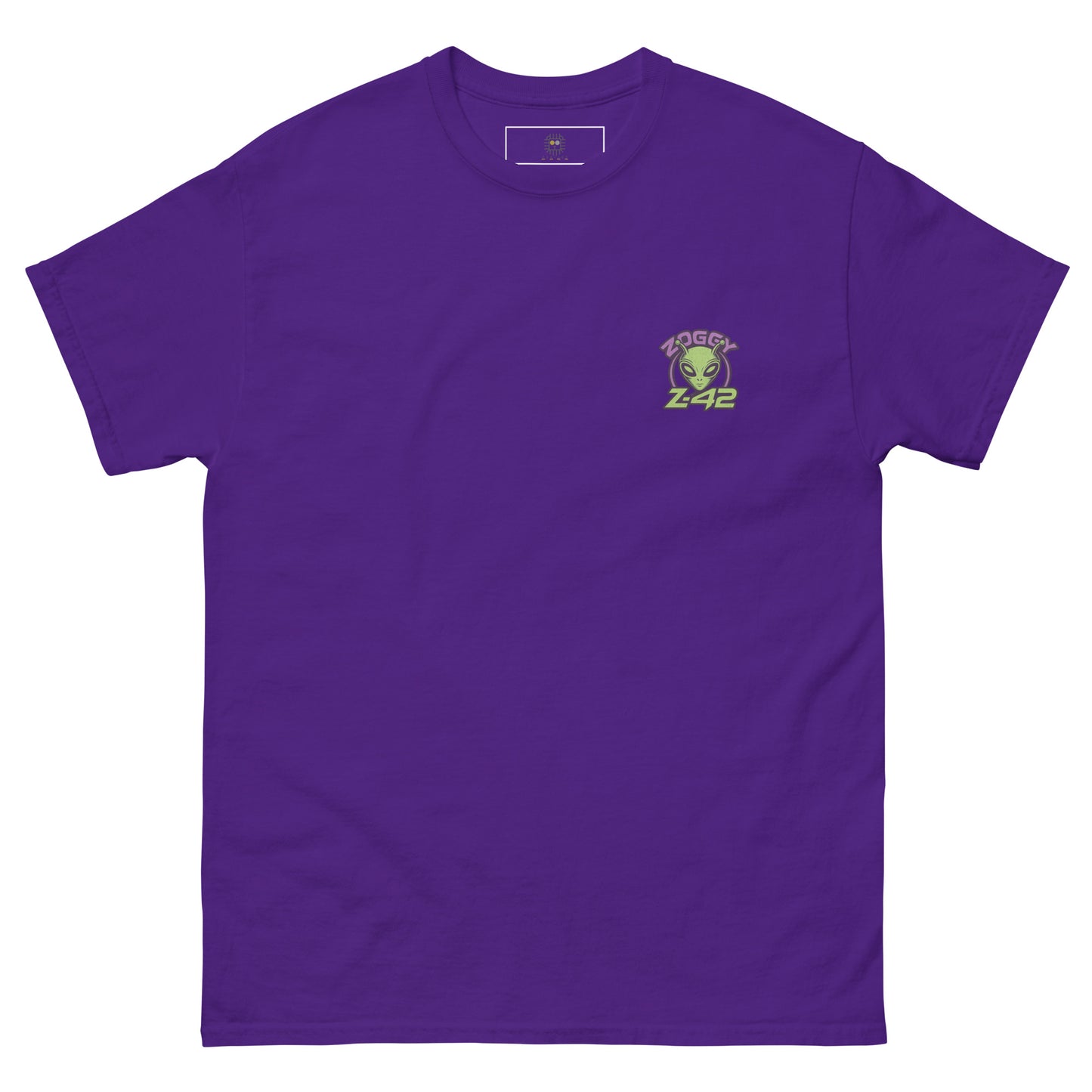 Purple unisex T-shirt — front left chest small alien head graphic