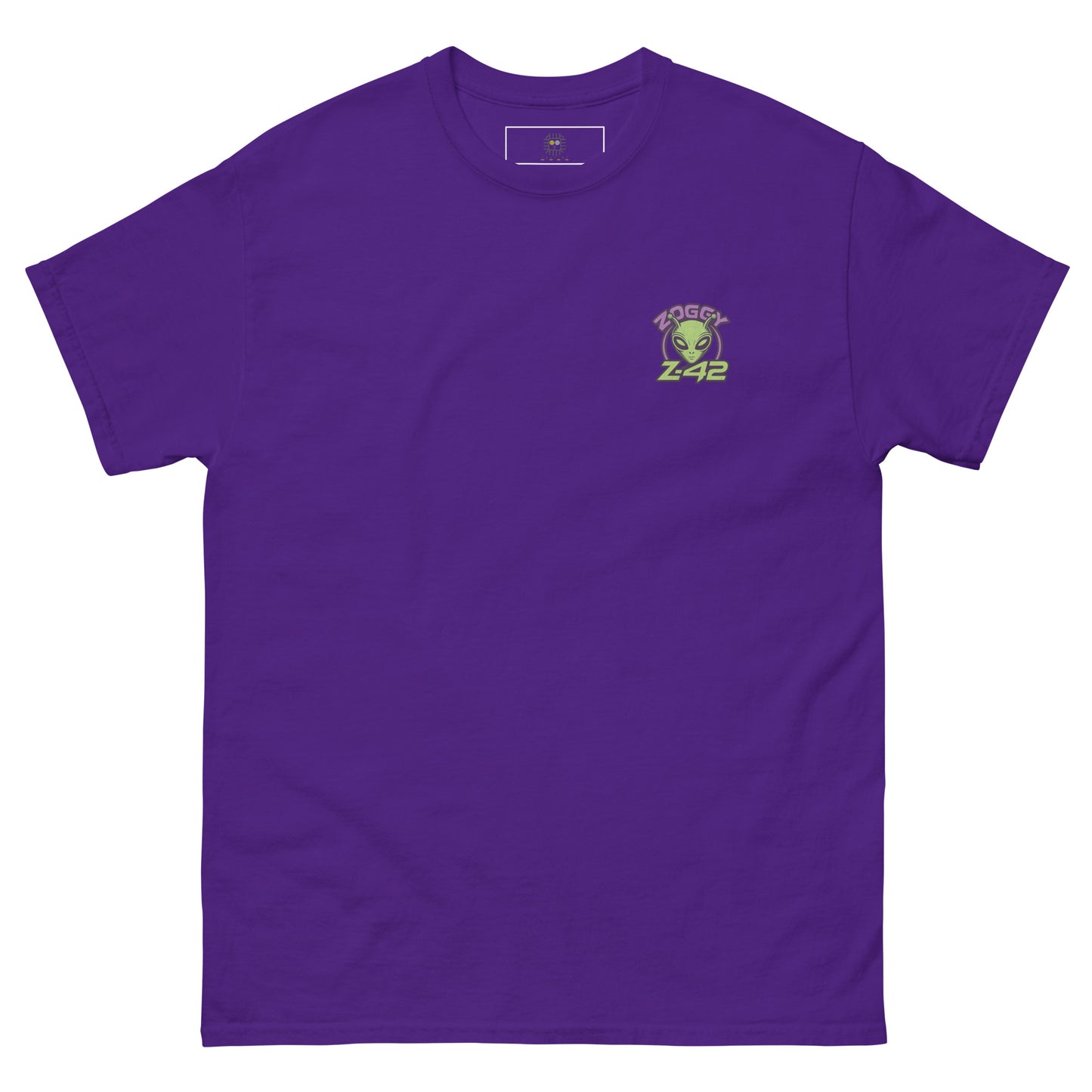 Purple unisex T-shirt — back print: green alien with text OFFICIALLY TOO ALIEN FOR YOU HUMANS