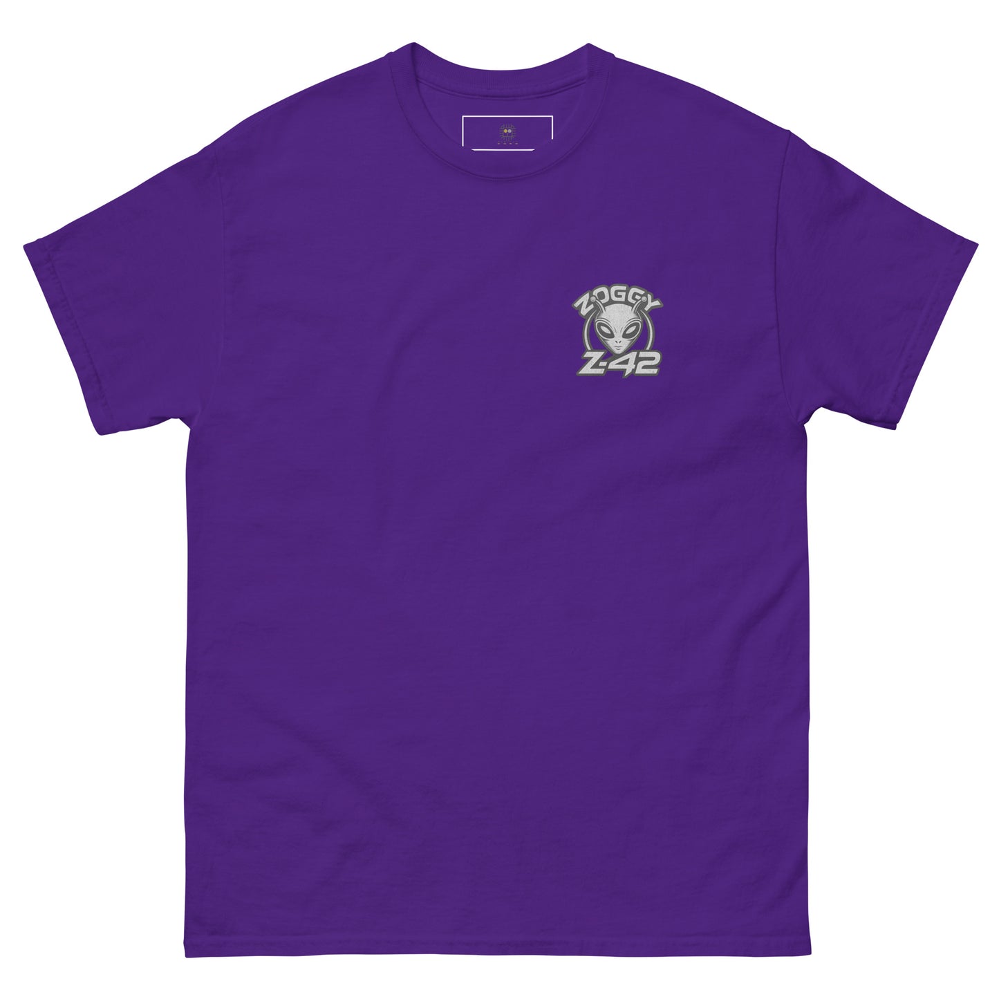 Purple unisex T-shirt — back print: large grey alien head with text ZOGGY Z-42