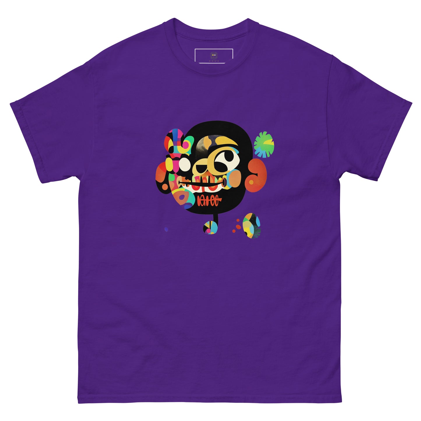 Purple unisex T-shirt with colorful sugar skull front print and “Be Happy” text