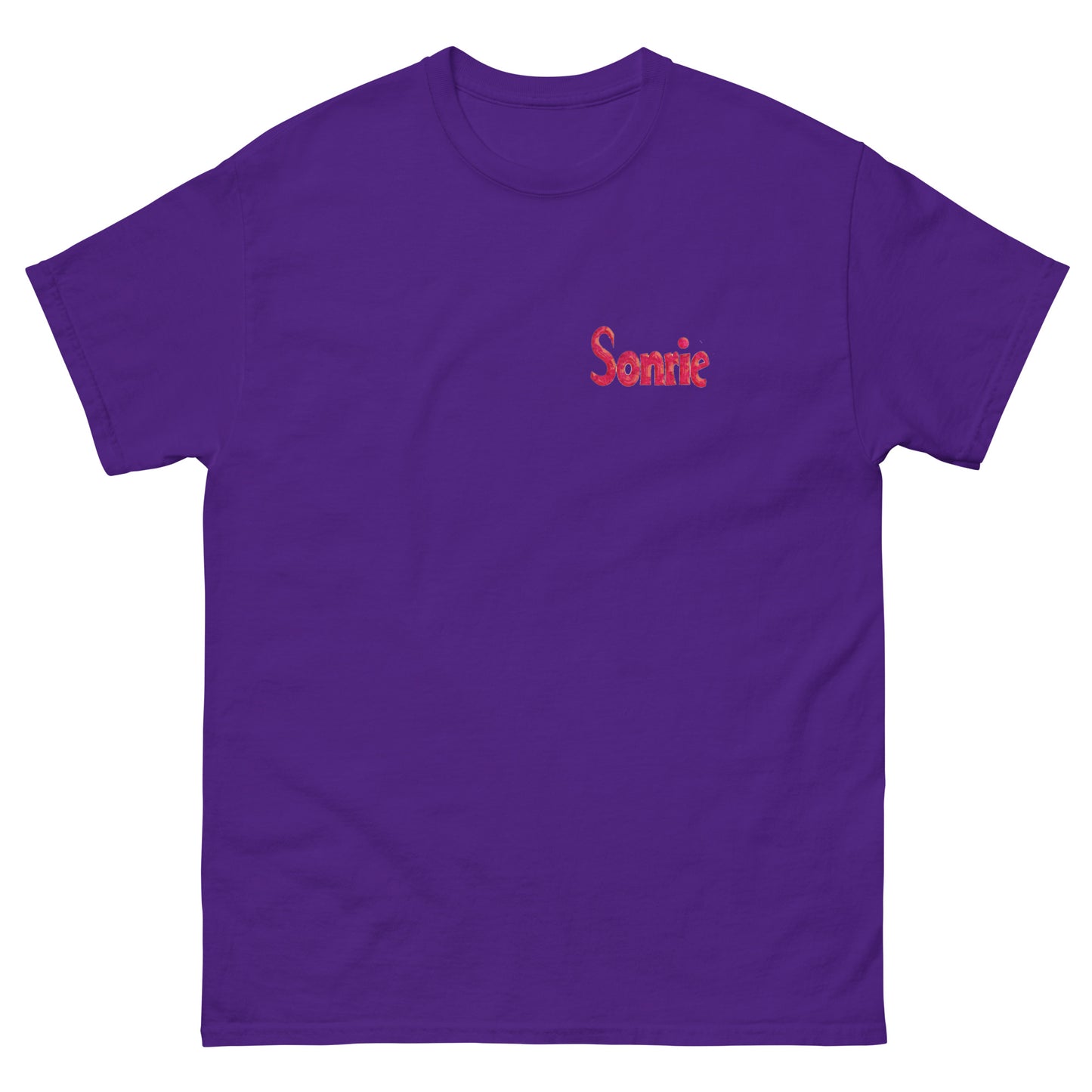 Purple unisex T-shirt with Sonrie text on the chest
