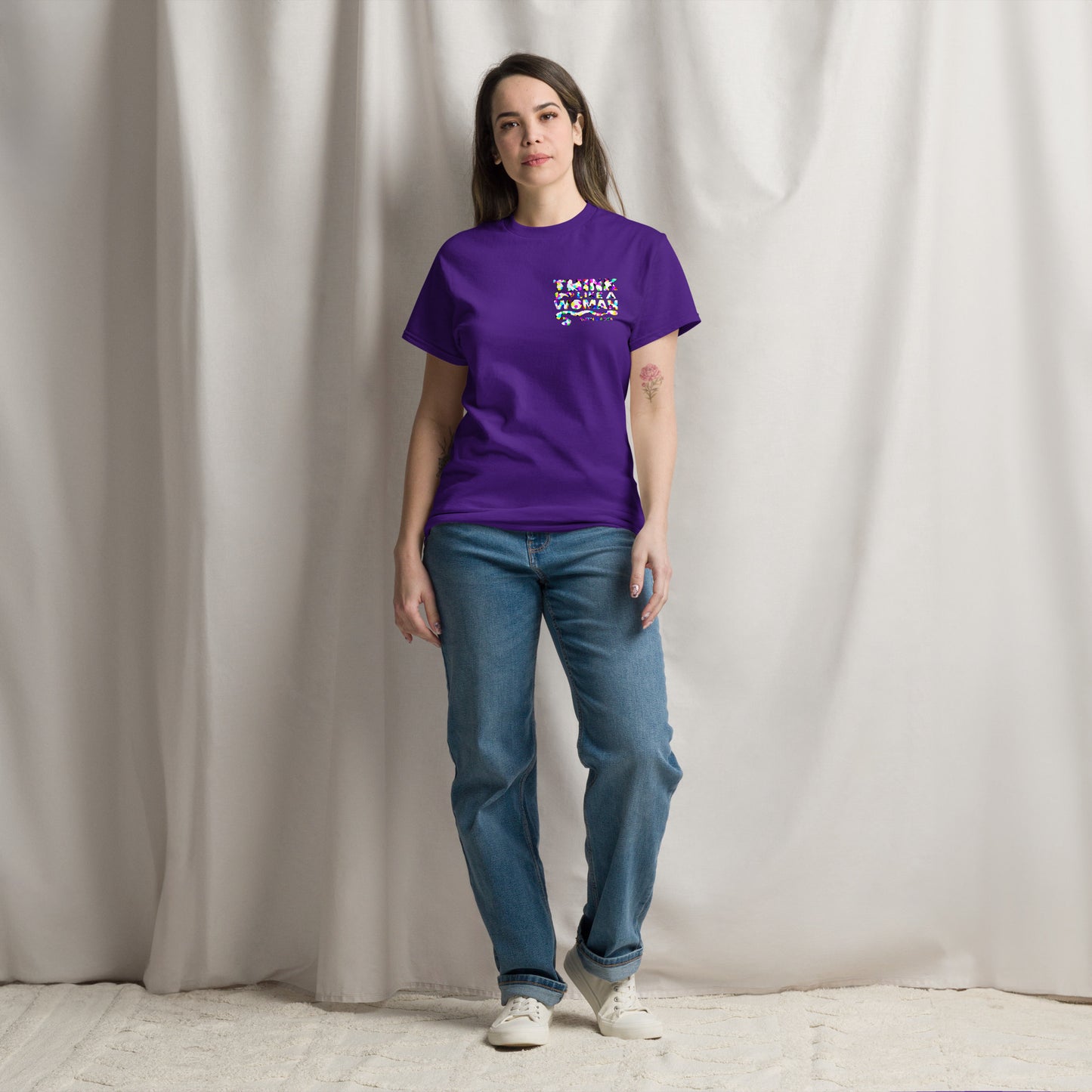 Woman wearing purple feminist quote t-shirt with bold colorful back print – Sisterhood Club Collection