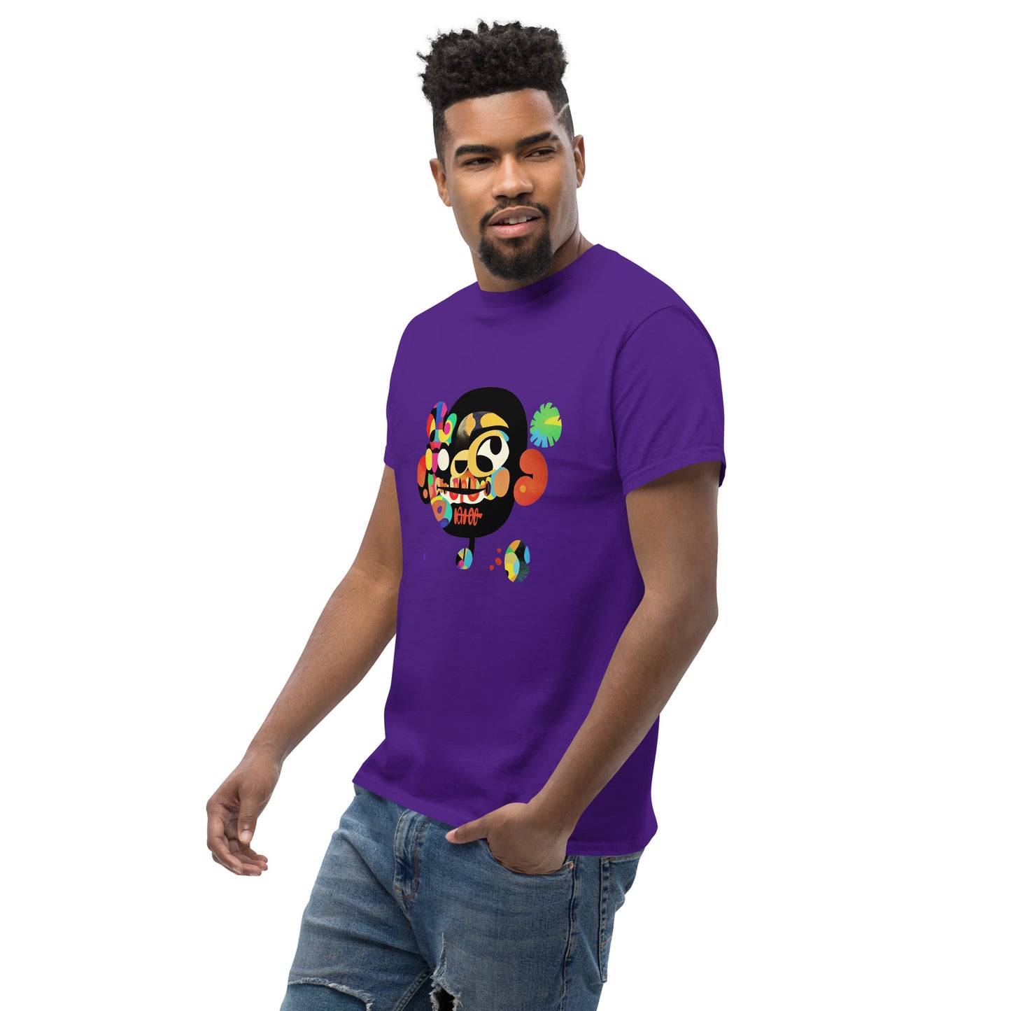 Male model wearing a purple T-shirt with colorful sugar skull front print and “Be Happy” text
