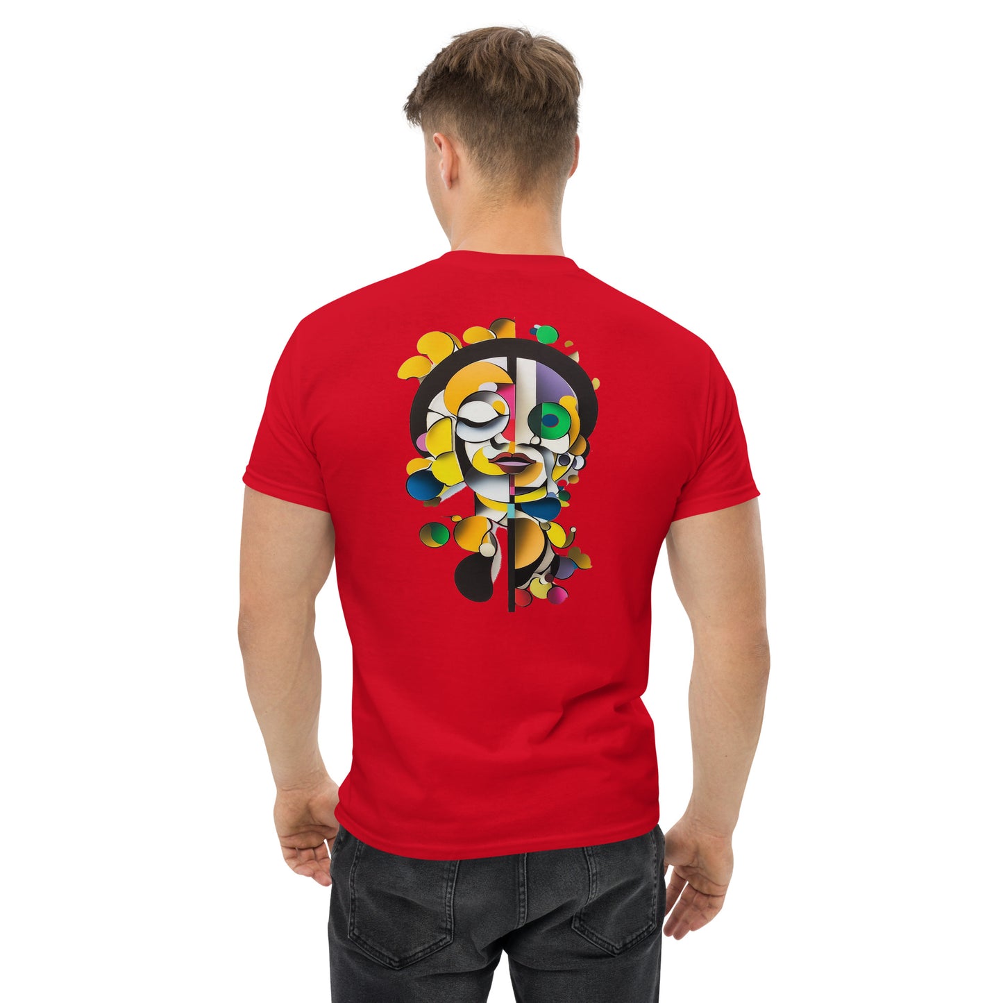 Male model wearing yellow T-shirt — back print: colorful illustrated face