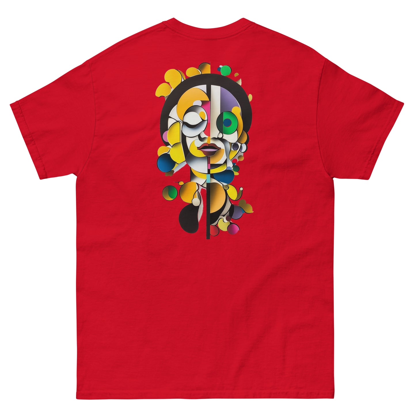 Red unisex T-shirt — back print: colorful illustrated face,
