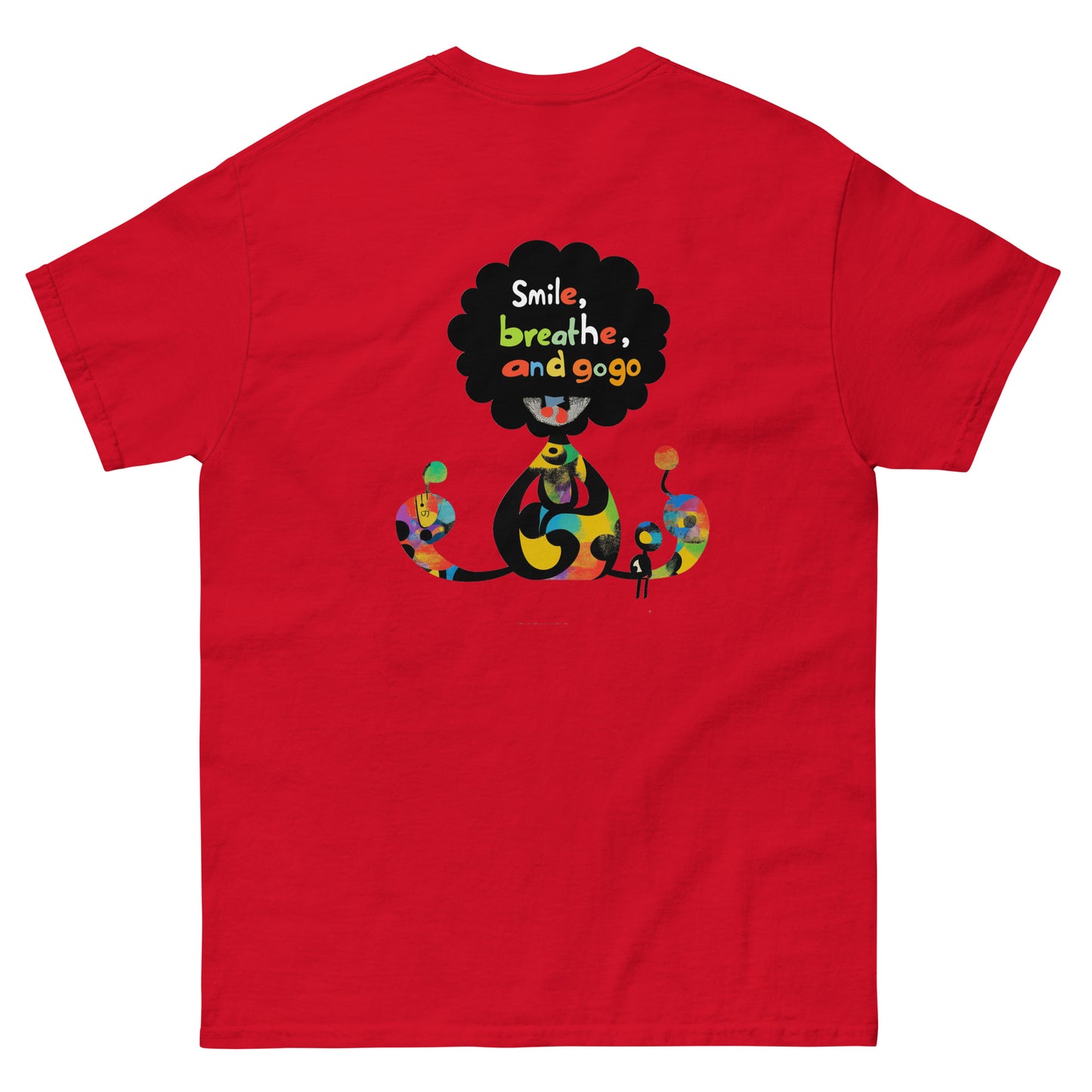 Male model wearing a blue T-shirt with colorful sugar skull front print and “Be Happy” text