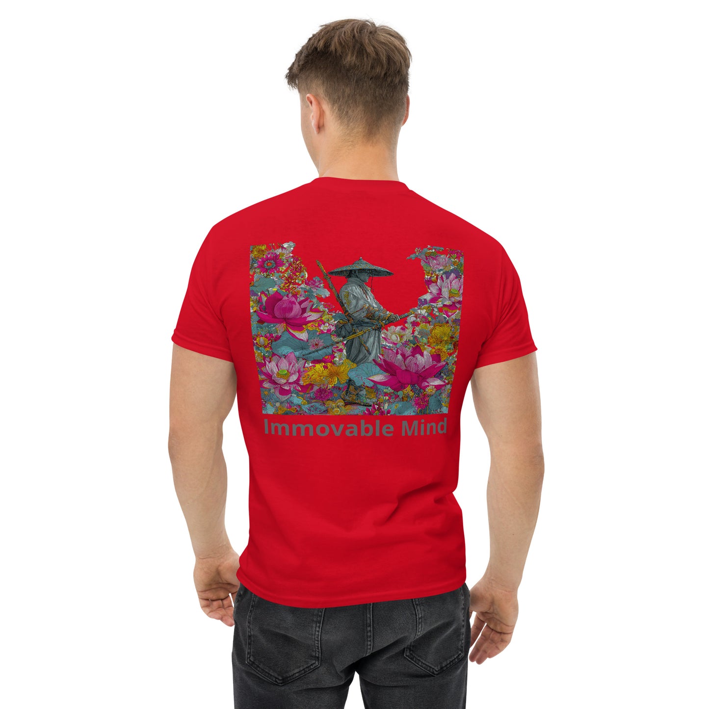 Red unisex T-shirt – Immovable samurai design, back view.