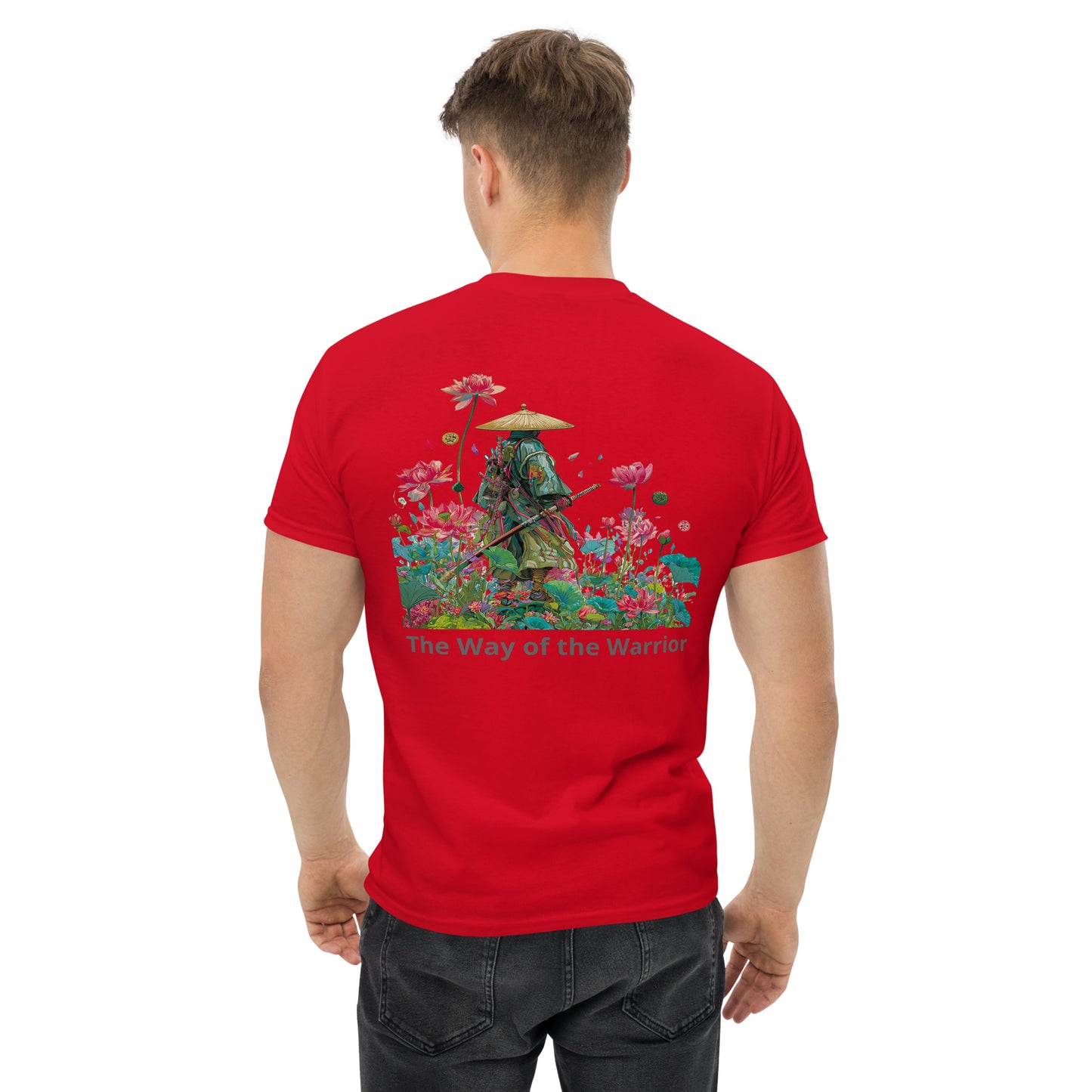 Red unisex T-shirt – The Way of the Warrior samurai design, front view.