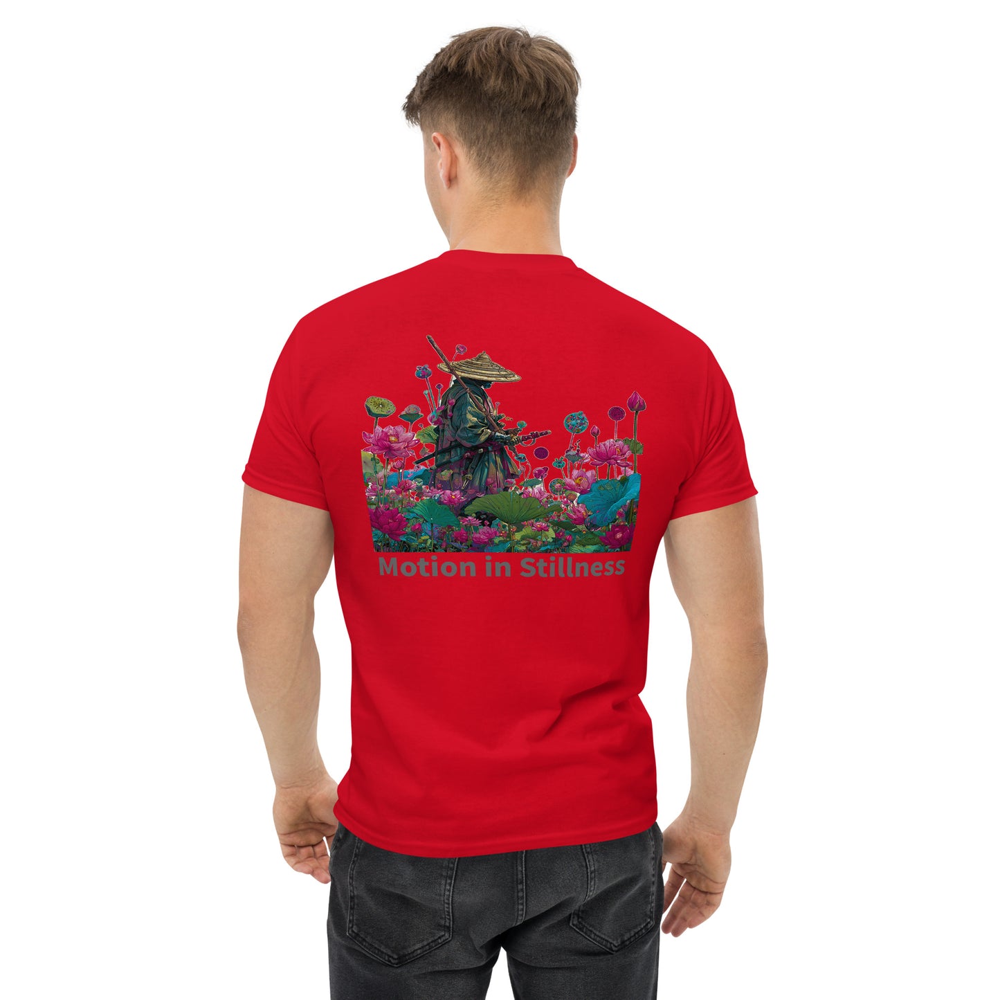Red unisex T-shirt – Strength in Stillness samurai design, back view.