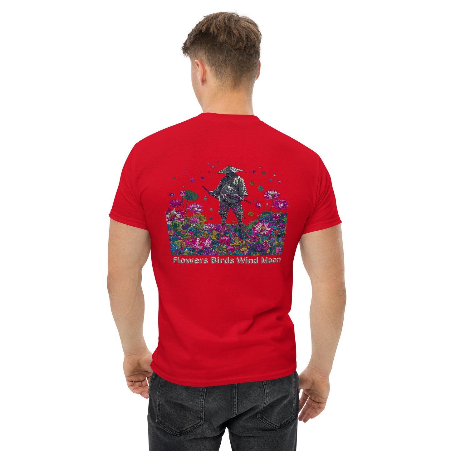 Red unisex T-shirt – Flowers and moon samurai design, back view.