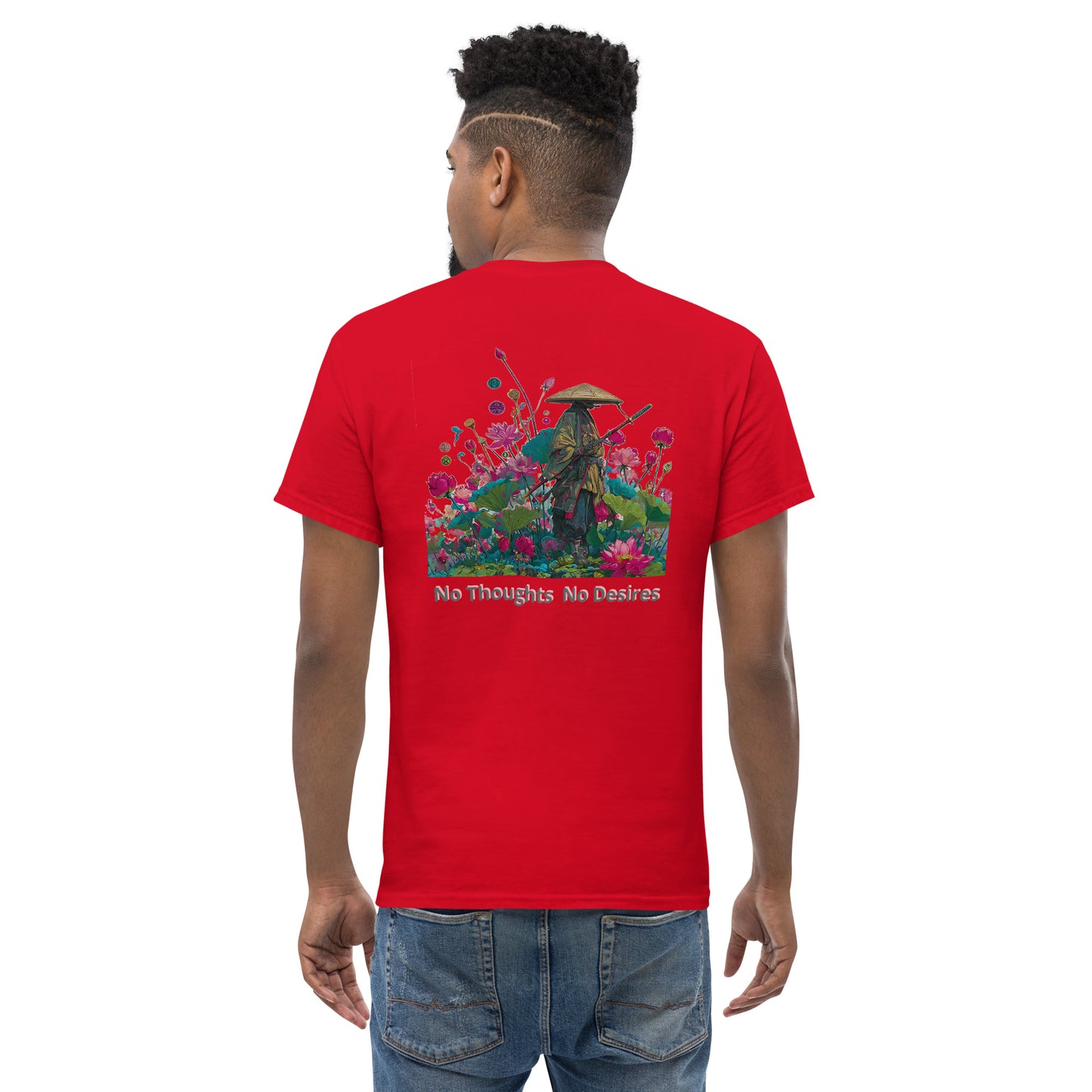 Red unisex T-shirt – Samurai in the Blooming Lotus, front and back view.
