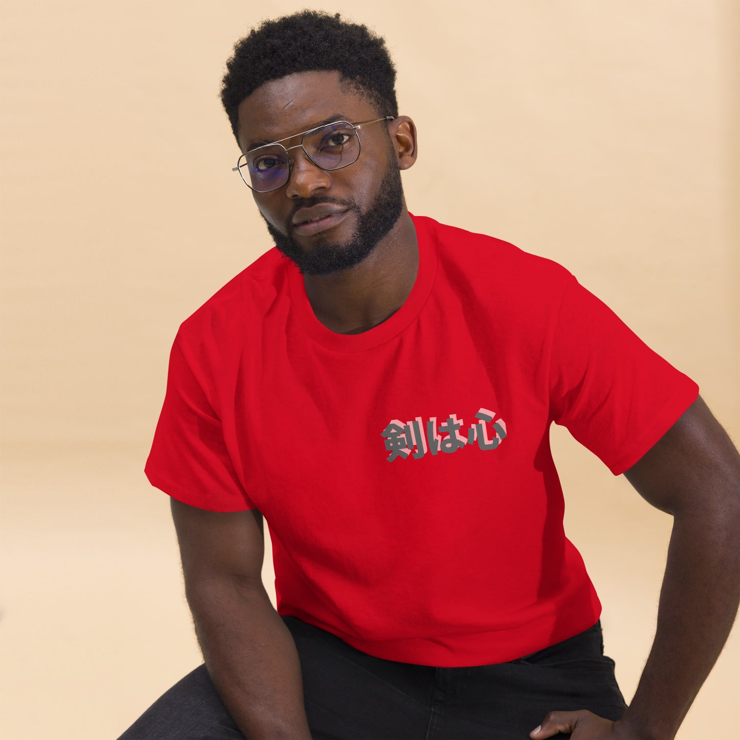 Red unisex T-shirt – The Sword in the Lotus samurai design, front view.