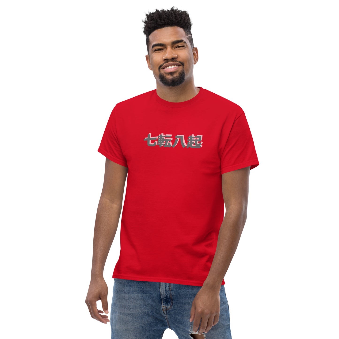 Red unisex T-shirt – Fall Seven Times Rise Eight samurai design, front view.