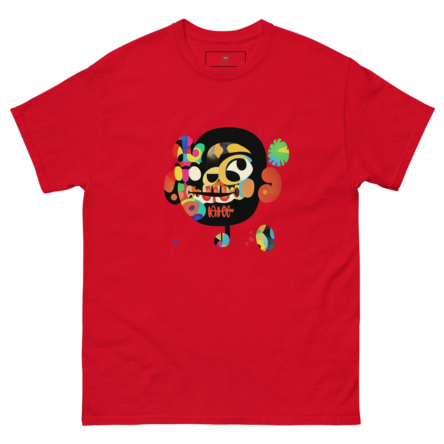 Red unisex T-shirt with colorful sugar skull front print and “Be Happy” text
