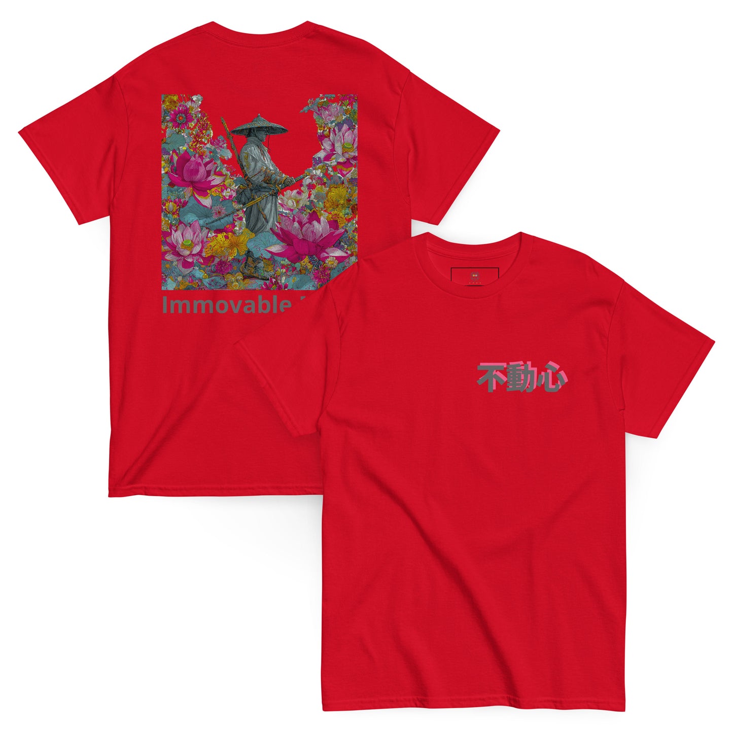 Red unisex T-shirt – Immovable samurai design, front view.
