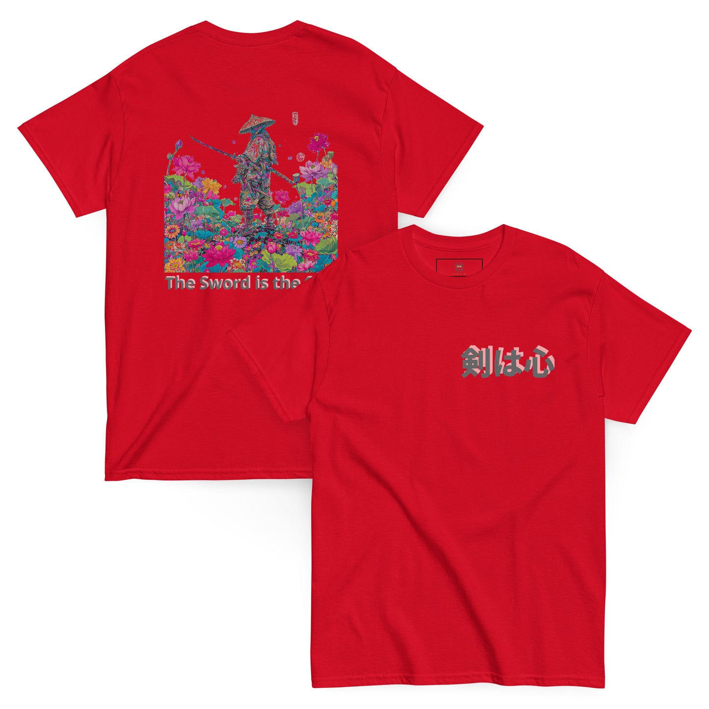 Red unisex T-shirt – The Sword in the Lotus samurai design, back view.