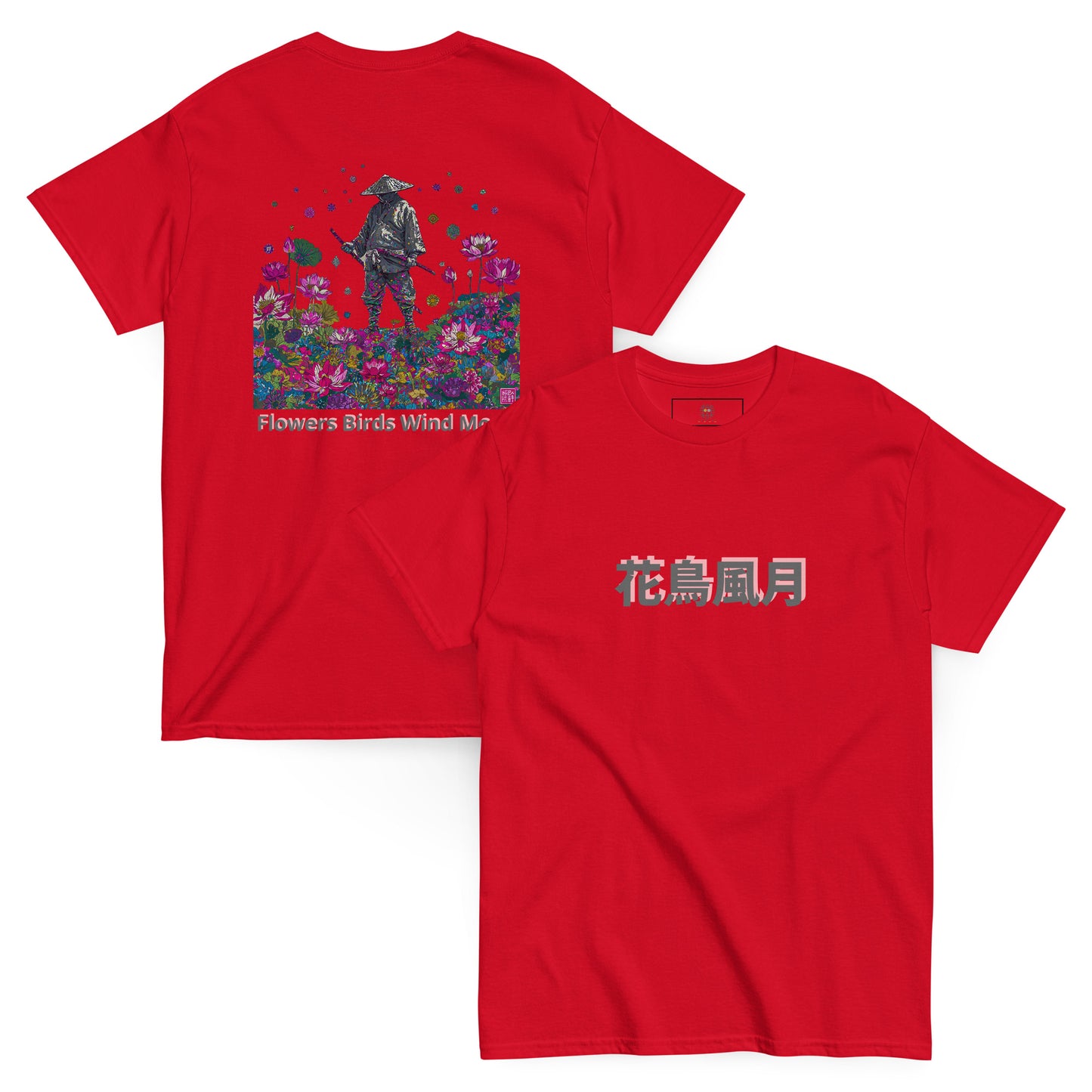 Red unisex T-shirt – Flowers and moon samurai design, front view.