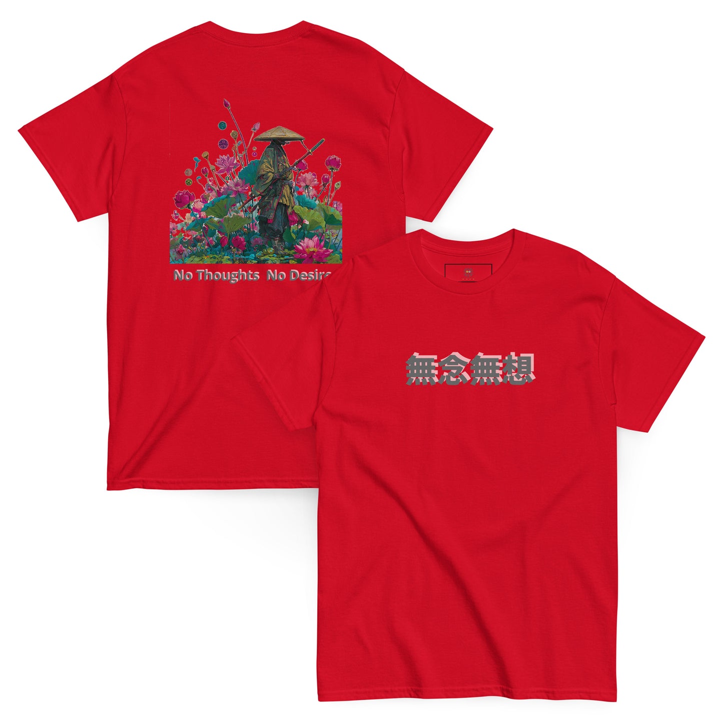Red unisex T-shirt – Samurai in the Blooming Lotus, front and back view.