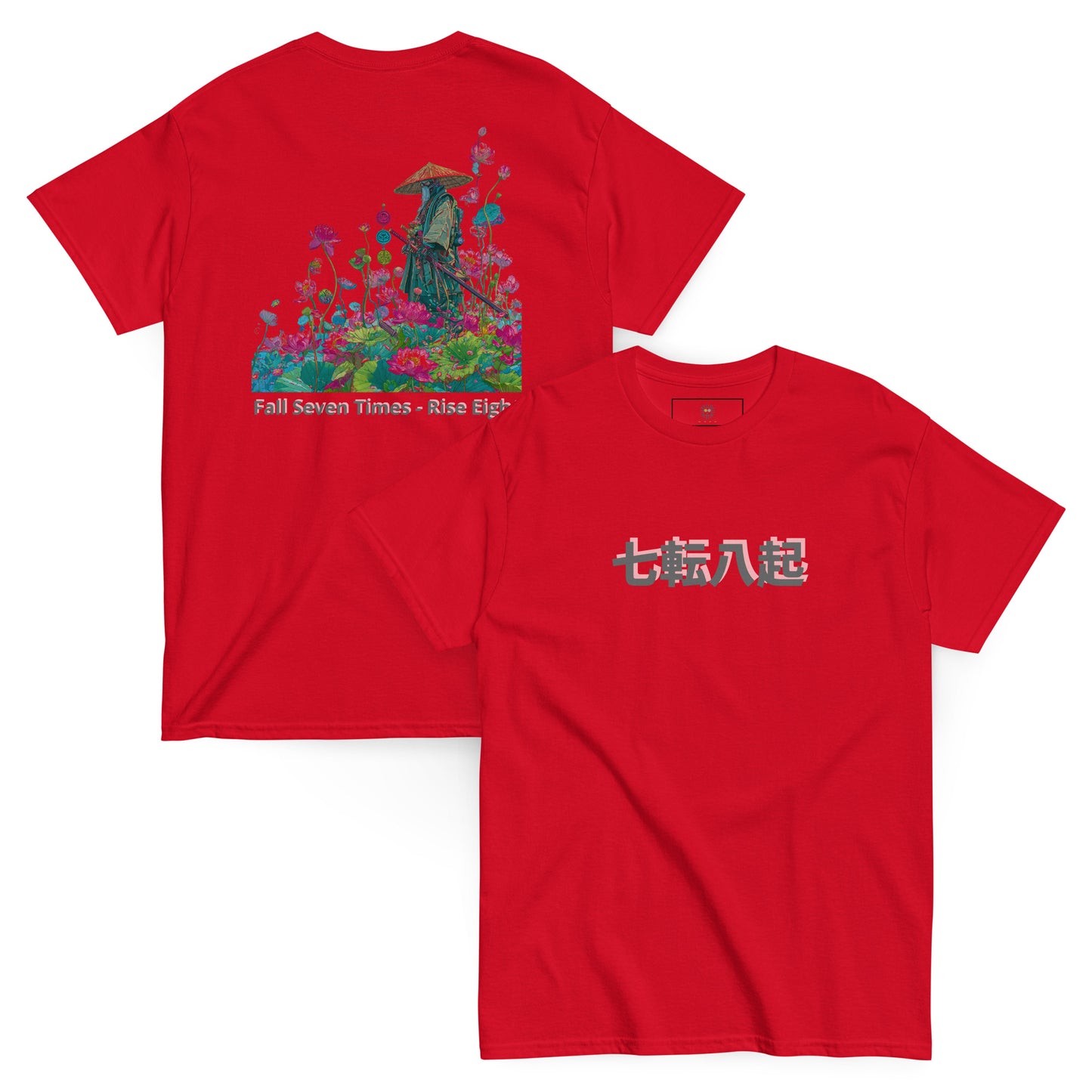 Red unisex T-shirt – Fall Seven Times Rise Eight samurai design, back view