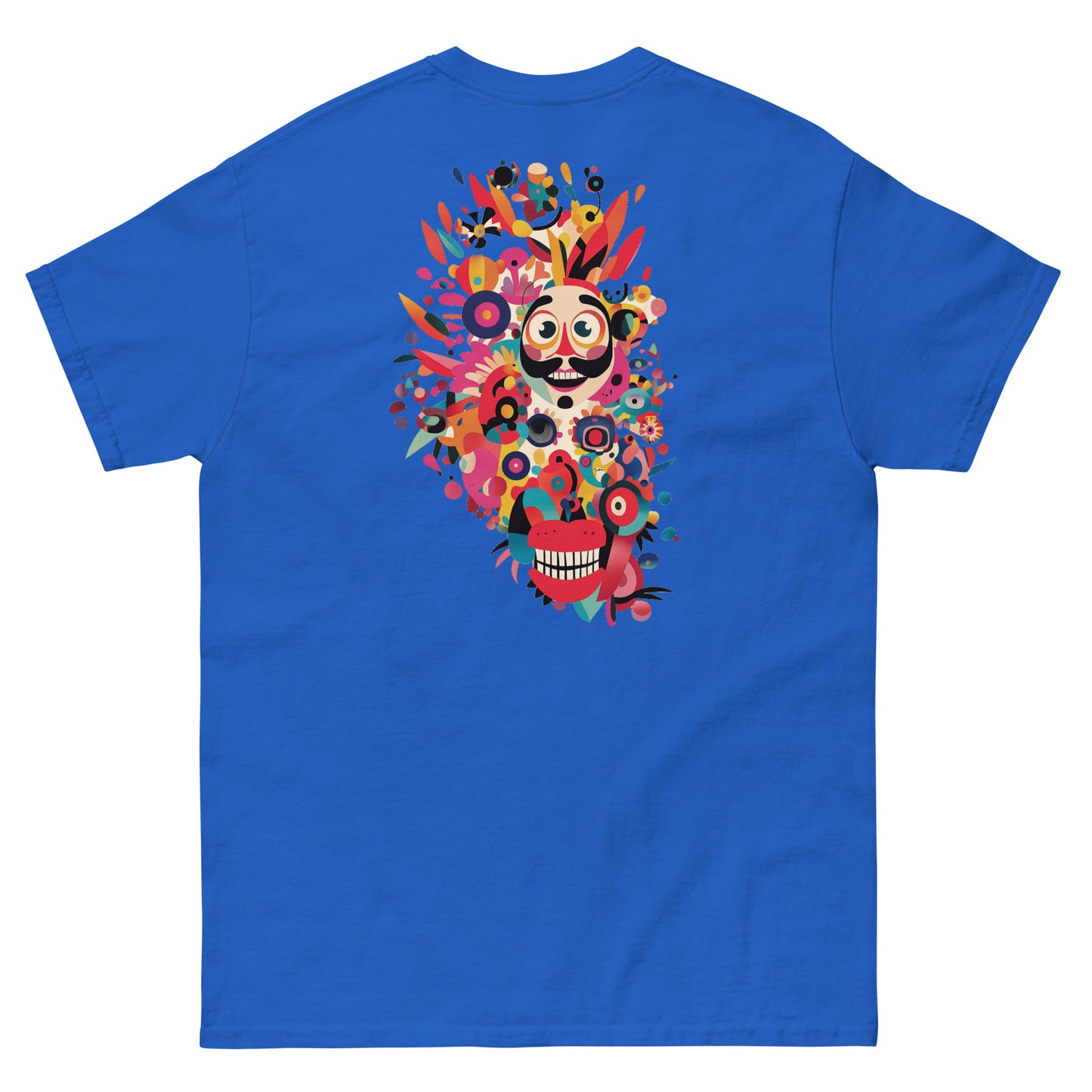 Blue T-shirt with 'Smile Now Panic Later' in red on the front. Unisex cotton design for everyday wear