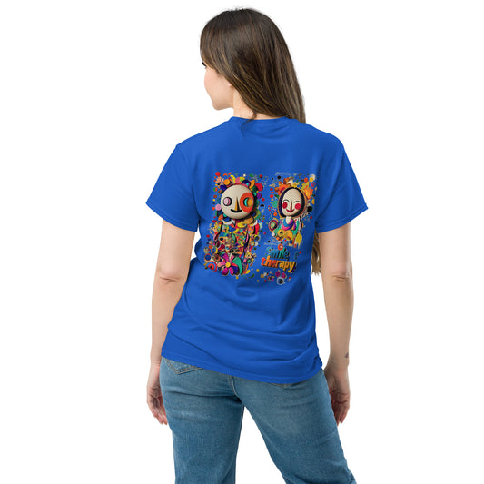 Blue unisex T-shirt – Colorful abstract art design, back view.