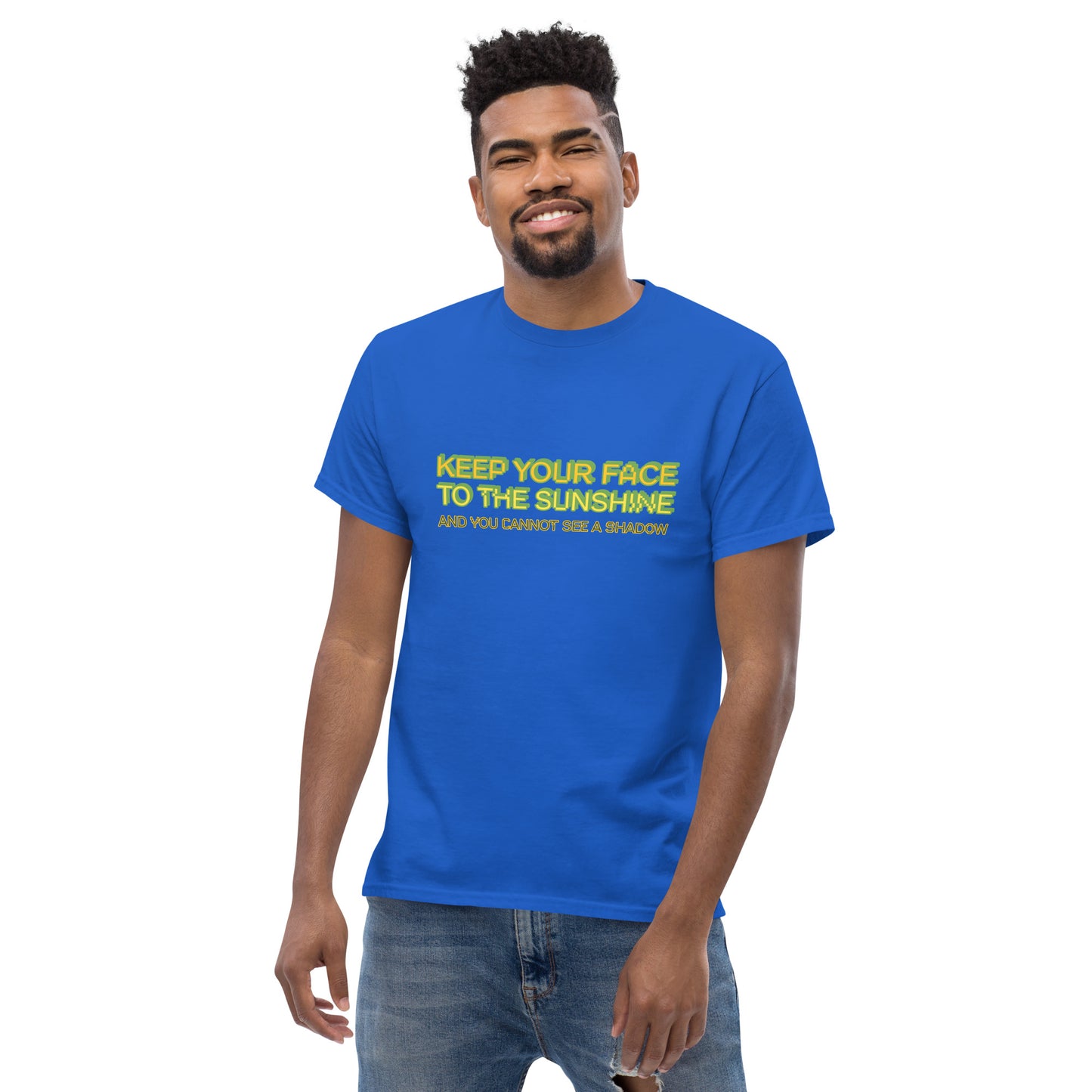 Male model wearing blue T-shirt — front text: LOSING MY MIND LOVE CHAOS