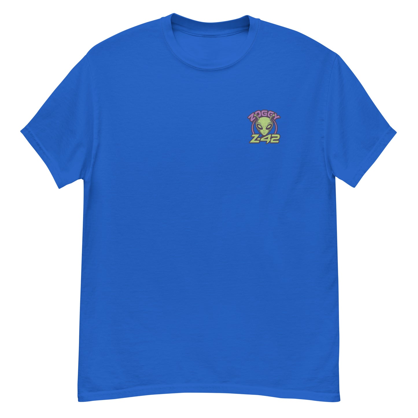 Blue unisex T-shirt — blank front view, Zoggy-42