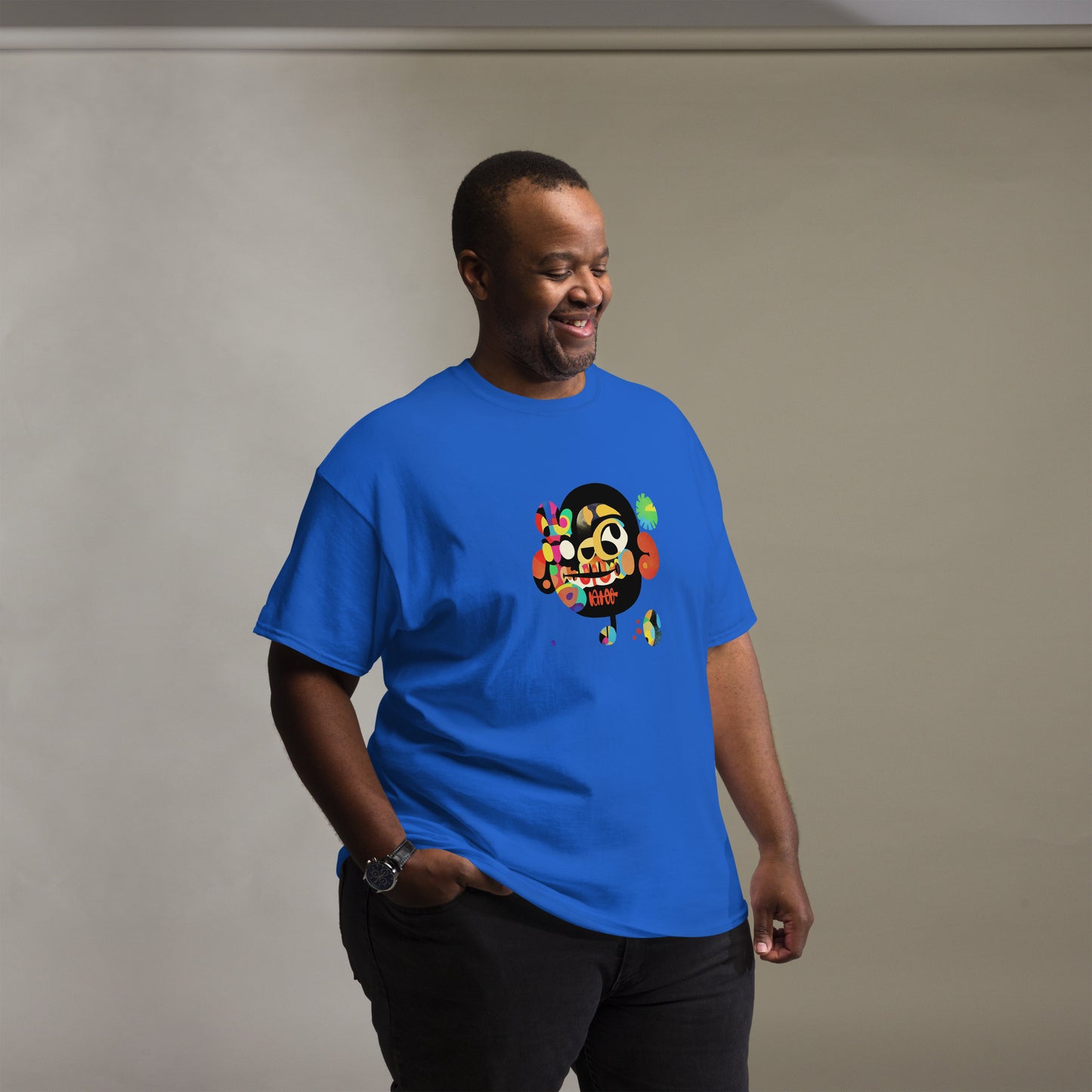 Blue unisex T-shirt with colorful sugar skull front print and “Be Happy” text