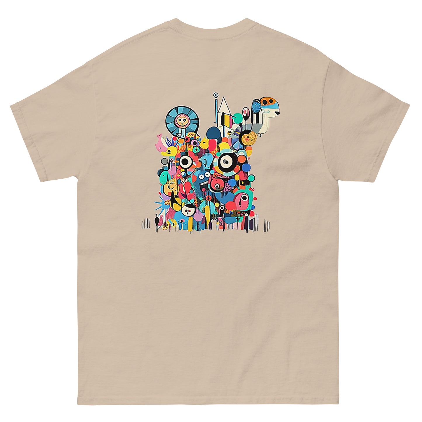 Beige unisex T-shirt – colorful abstract illustration, back view.