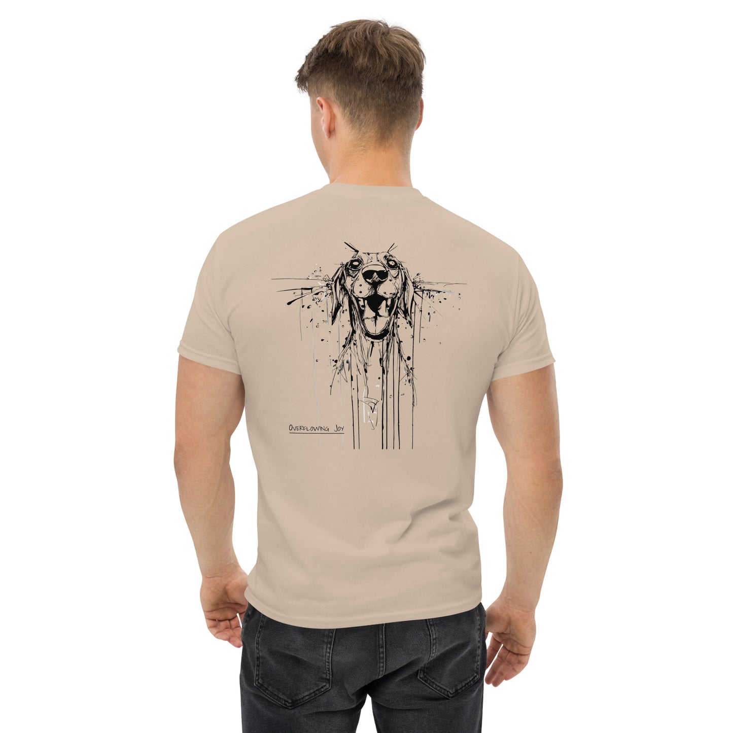 Blue T-shirt, front view, Beagle drawing with "Miss You" slogan.