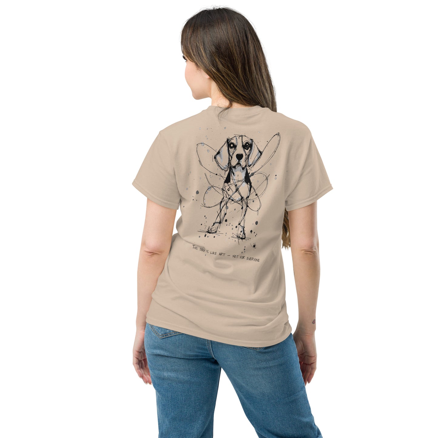 Beige unisex T-shirt – black ink Beagle dog illustration, back view on female model.