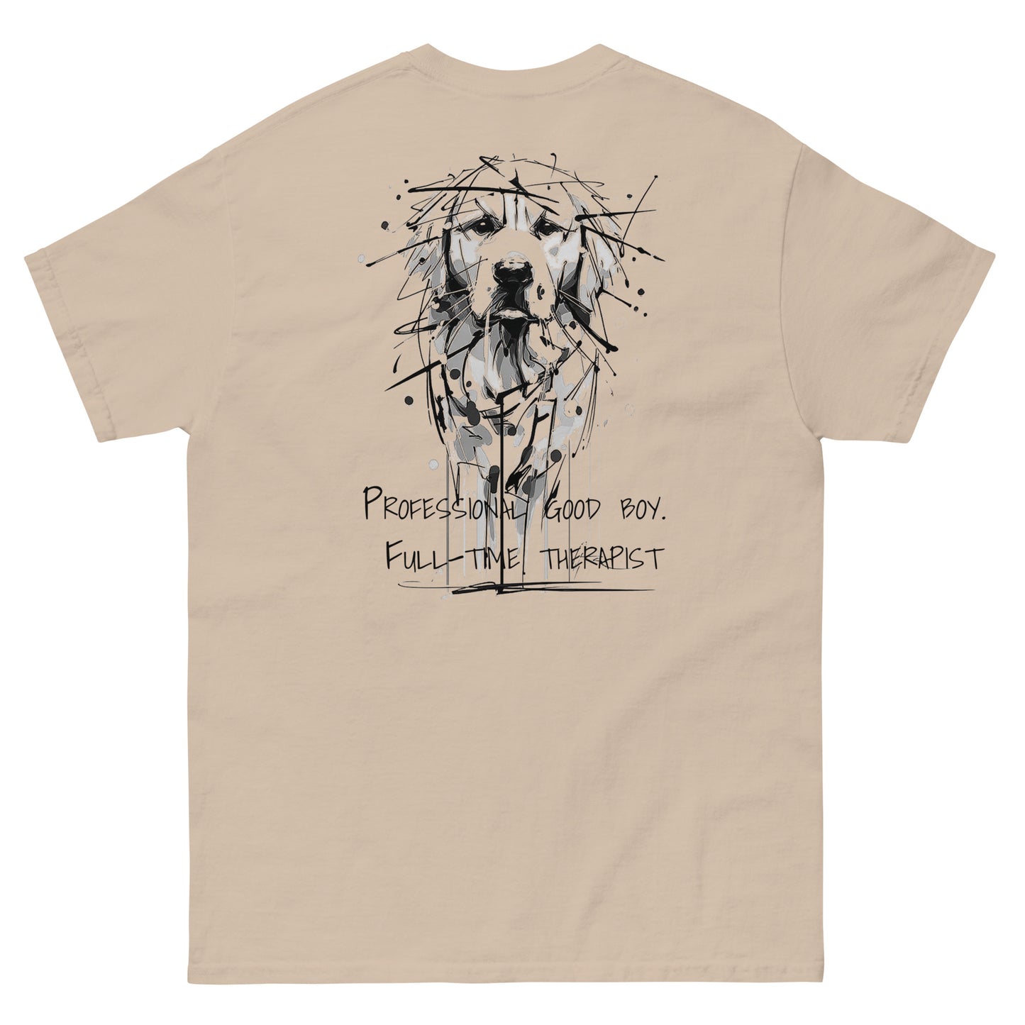Beige unisex T-shirt – black ink Golden Retriever dog illustration, front and back view.