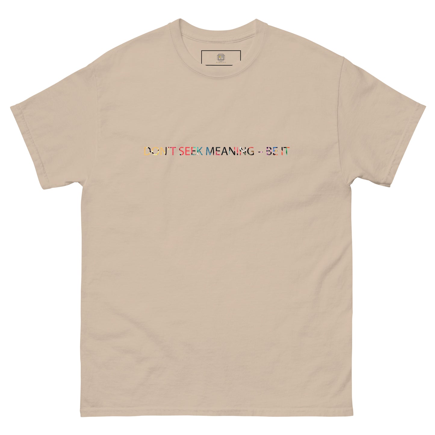Beige unisex T-shirt – colorful abstract illustration, front view.