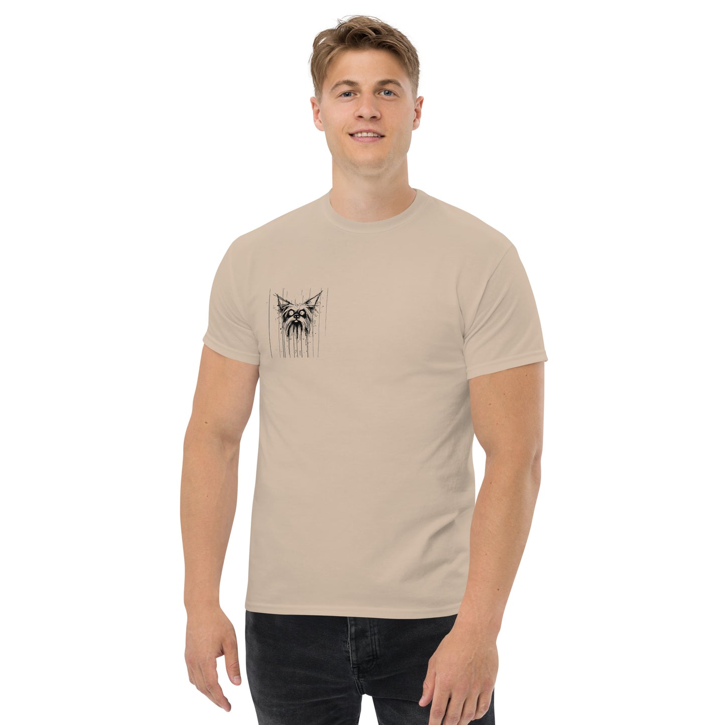 Male model wearing white T-shirt, back view, Yorkshire Terrier sketch with "Scared" text.