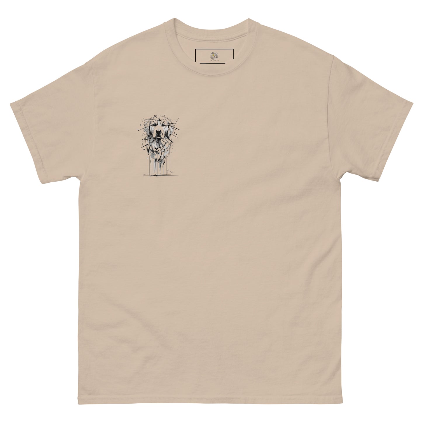 Beige unisex T-shirt – black ink Golden Retriever dog illustration, front view on female model.