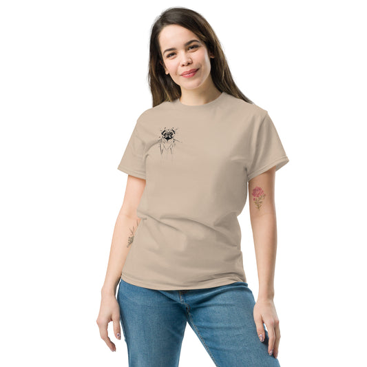 Beige unisex T-shirt – black ink pug illustration, front view on female model.