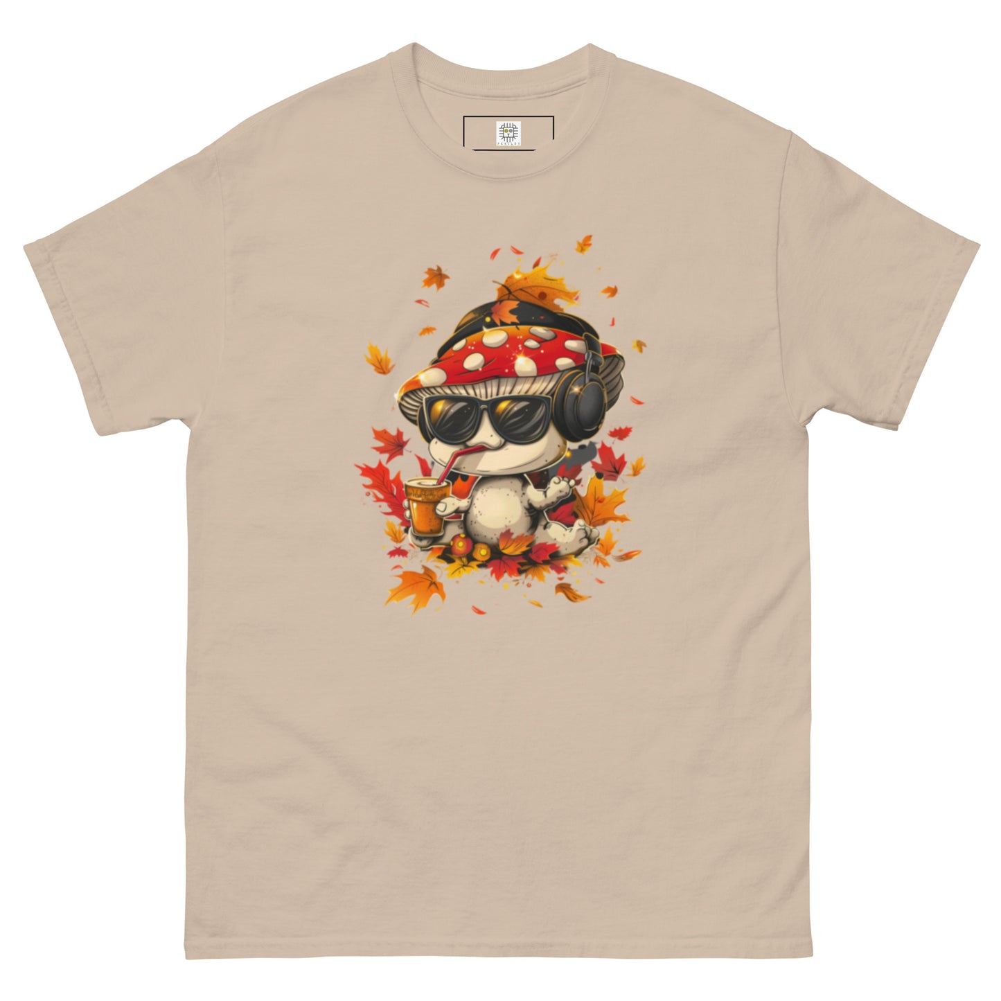 Beige unisex t-shirt with a whimsical cartoon mushroom character surrounded by autumn leaves.