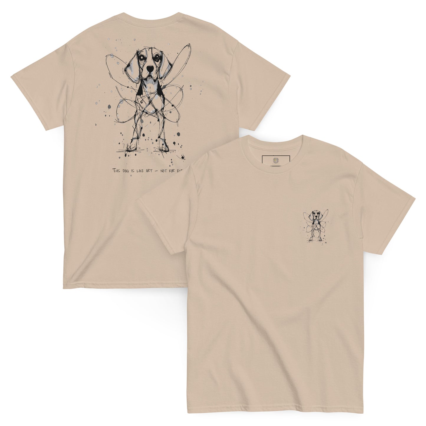 Beige unisex T-shirt – black ink Beagle dog illustration, front and back view.