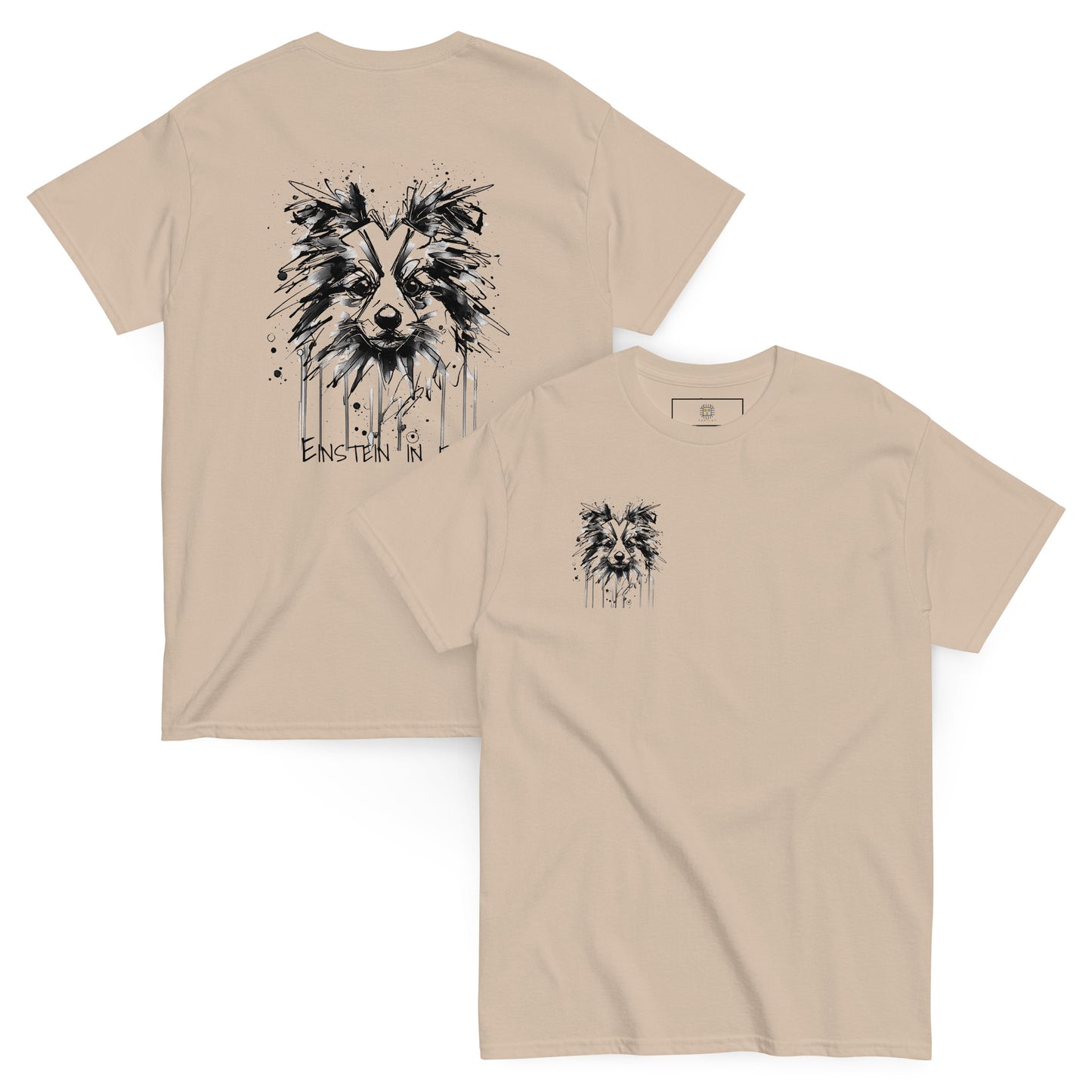 Beige unisex T-shirt – black ink Border Collie dog illustration, front and back view.